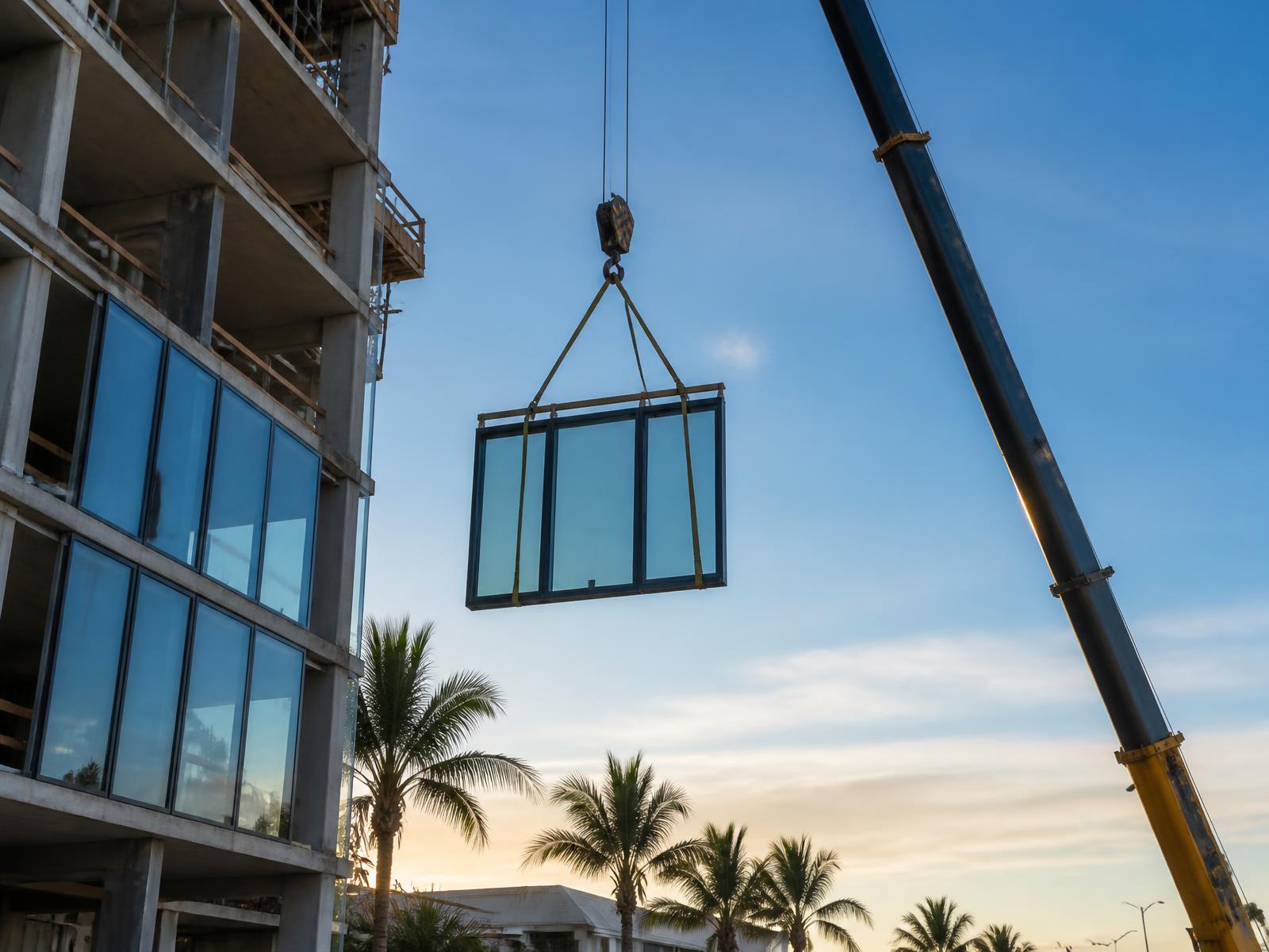 Crane hoisting a large glass unit up a mid-rise building under construction