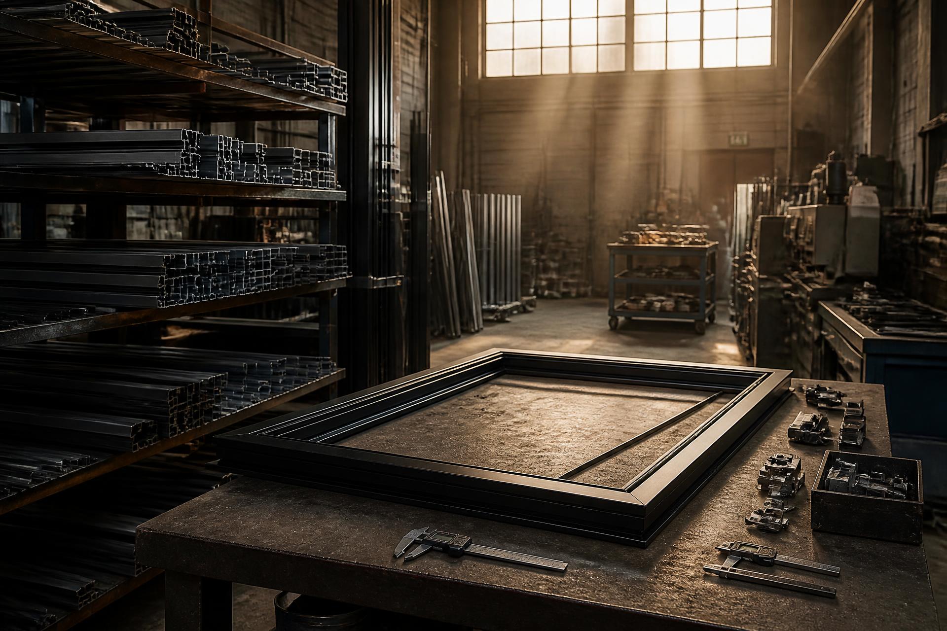 Aluminum extrusions and a fabricated impact window frame in our metals shop