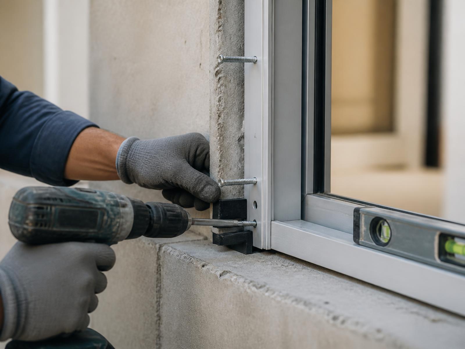 Installer shimming and anchoring an aluminum impact window frame into a concrete opening