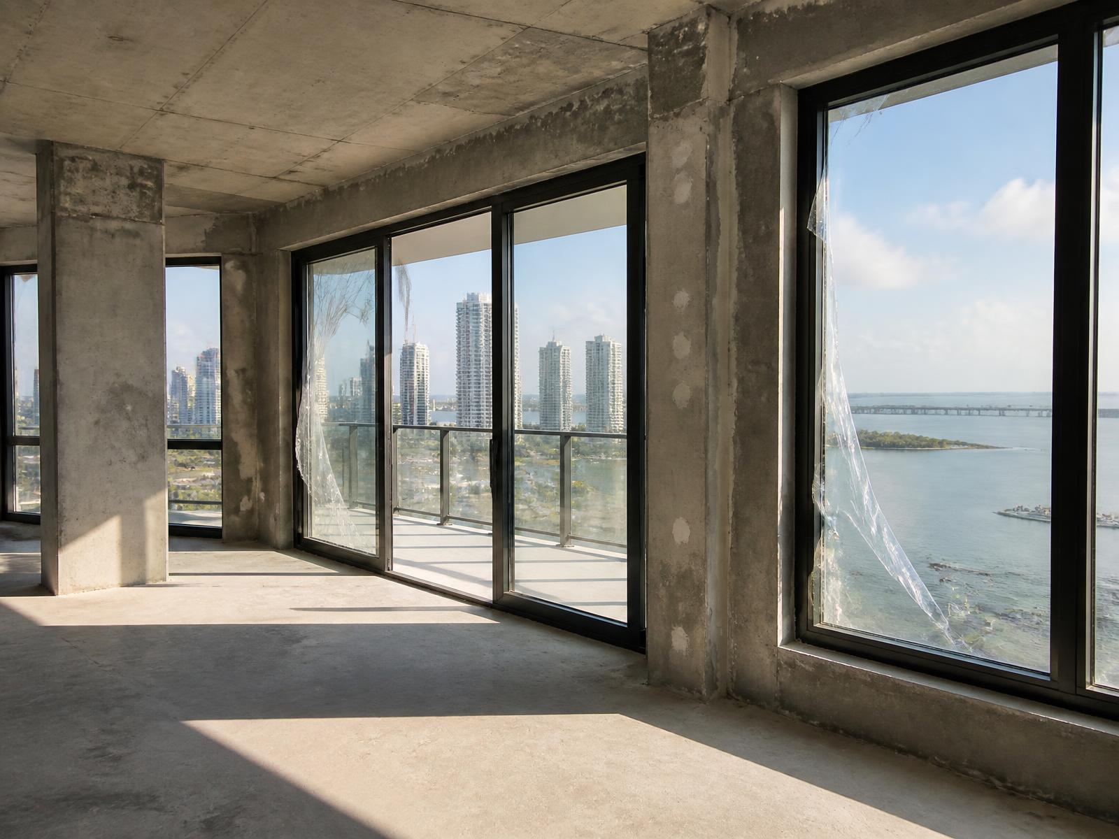 High-rise unit with newly installed impact windows and sliding doors before finishes