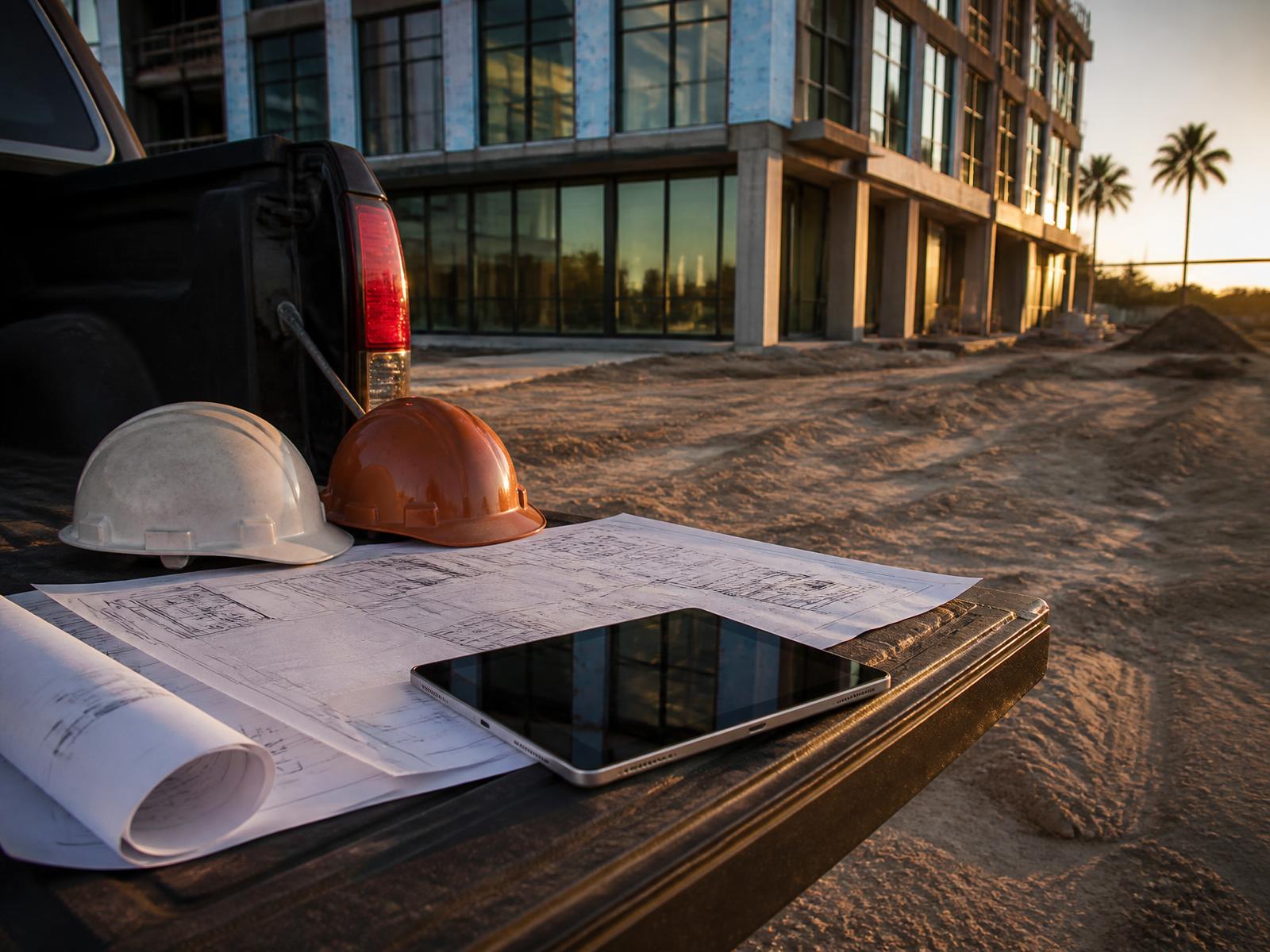 Shop drawings and a tablet on a truck tailgate at a South Florida jobsite at golden hour