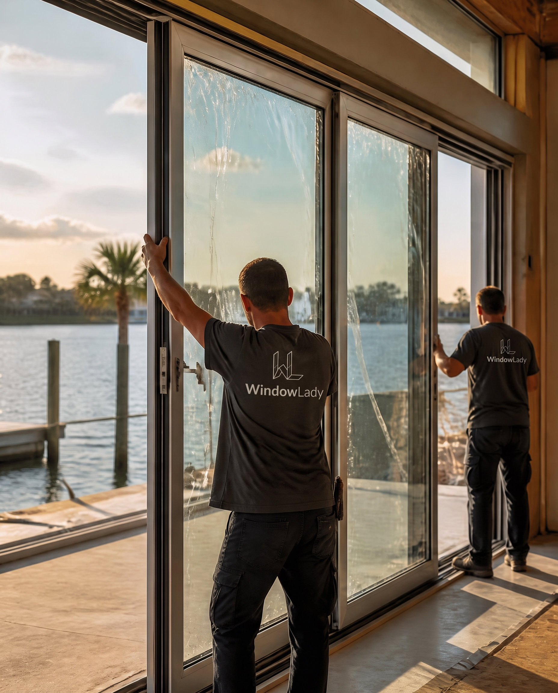 WindowLady-branded crew setting a large impact-rated multi-slide door unit into a new-construction opening