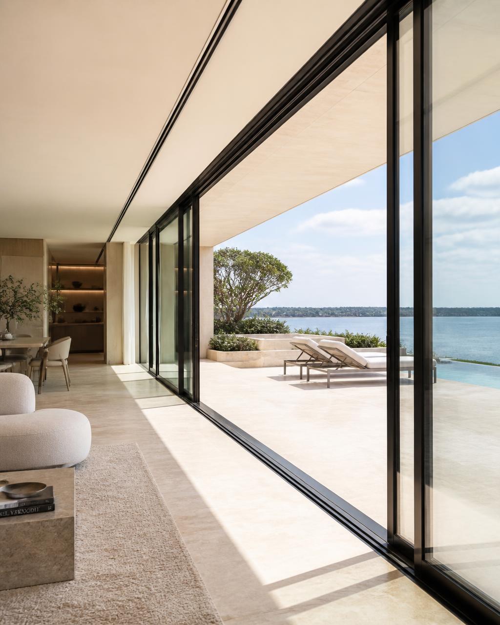 Installed impact-rated multi-slide door system with slim aluminum frames opening to a sunlit terrace