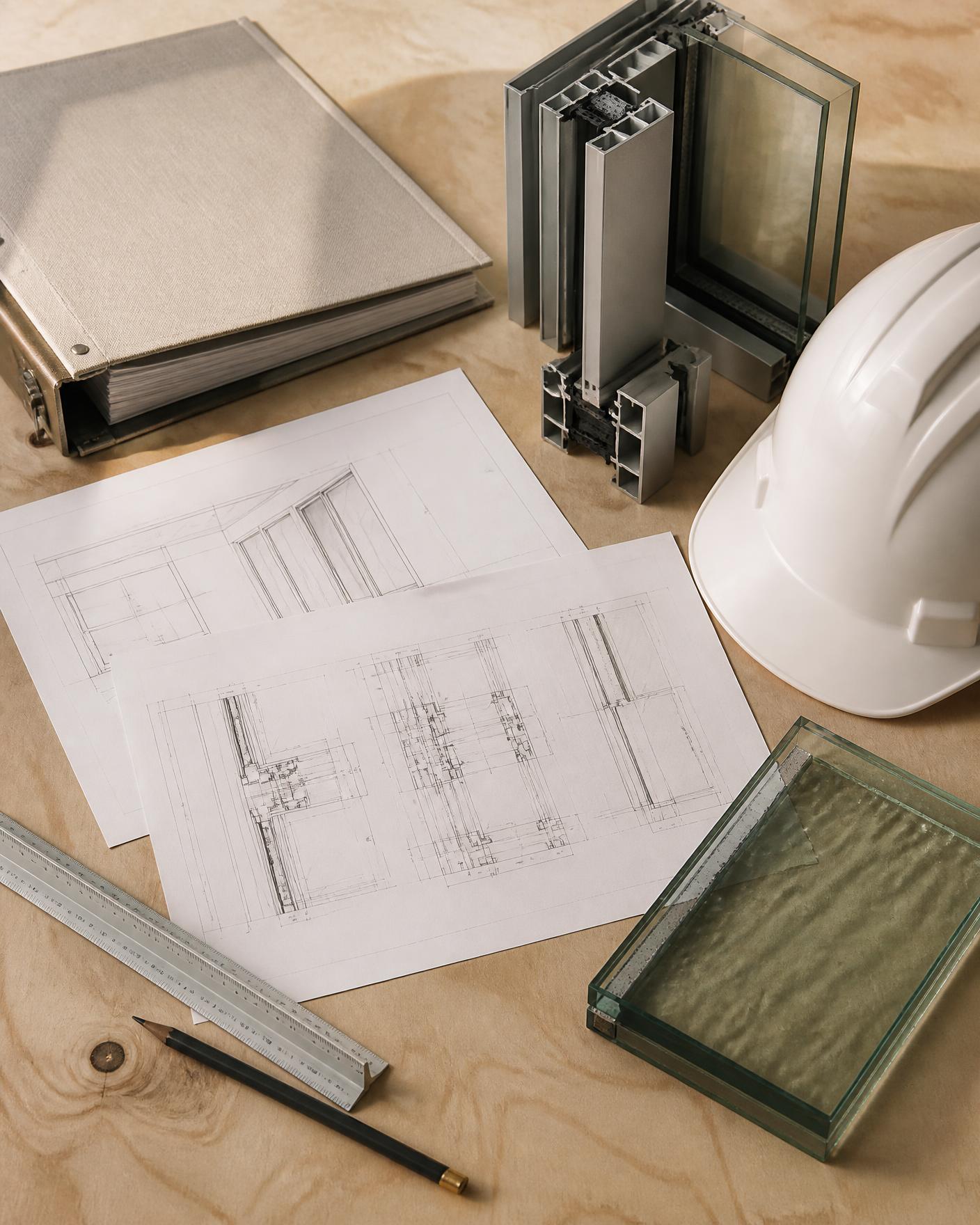 Submittal binder, shop drawings, aluminum profiles, and a laminated impact glass sample