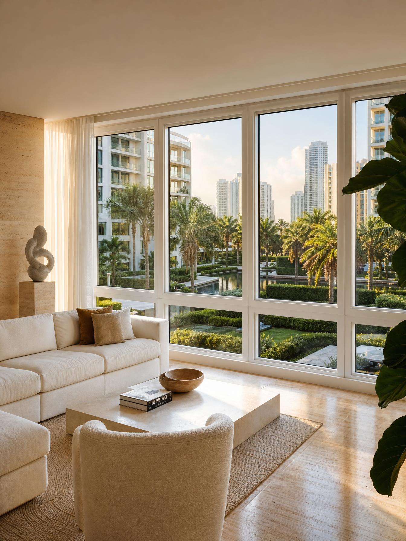 Newly installed impact windows in a luxury high-rise condominium overlooking a landscaped courtyard