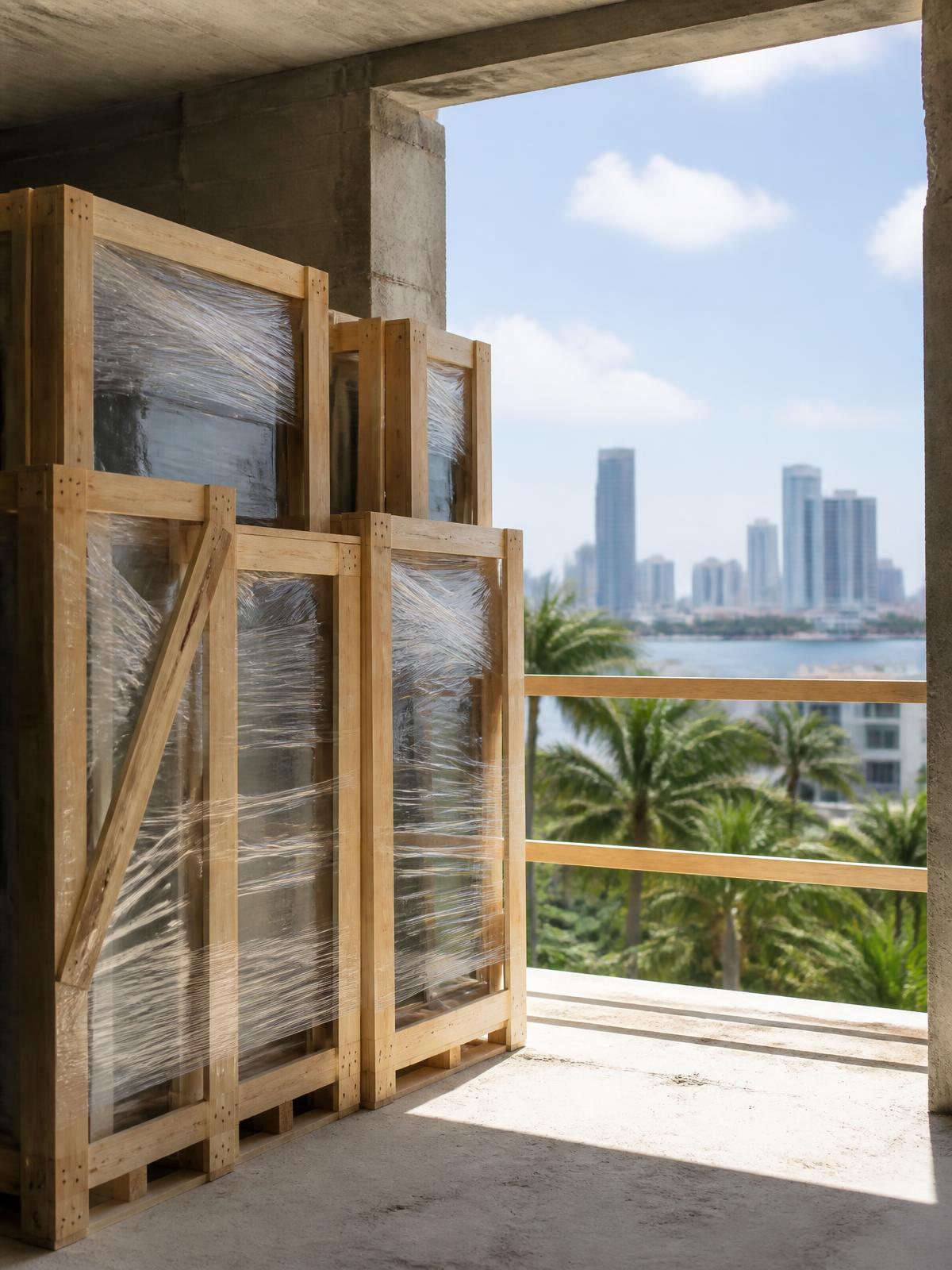 Crated impact window units staged on a construction floor beside an open rough opening